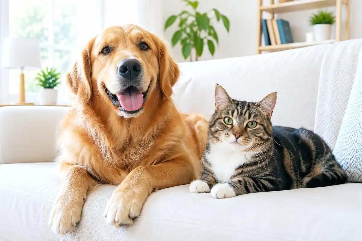 Chien et chat sur un canapé dans un salon lumineux, illustration