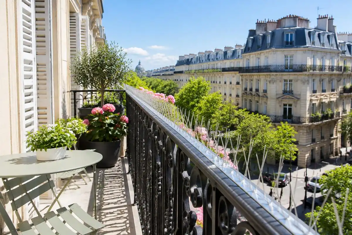 Balcon parisien fleuri avec des pics anti-pigeons discrets sur la rambarde
