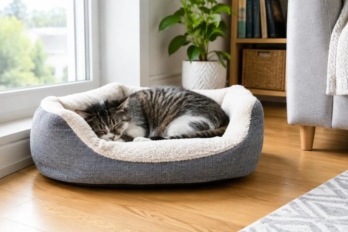 Chat endormi dans un panier propre sur un parquet clair près d’une fenêtre