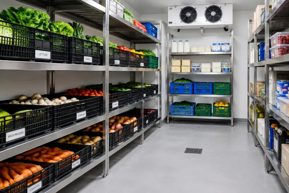 Réserve de restaurant propre avec denrées stockées sur des étagères en inox surélevées