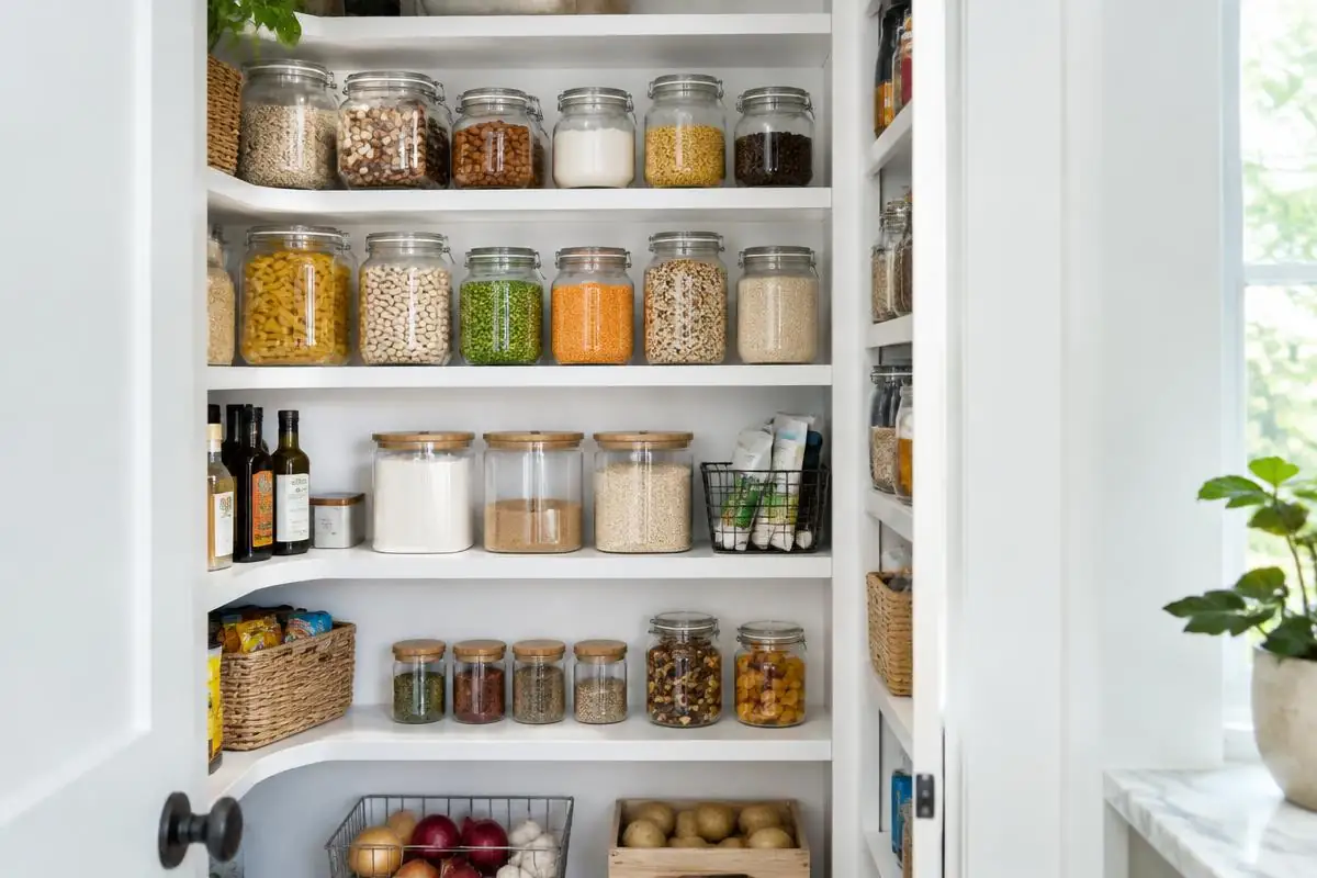 Garde-manger rangé avec des aliments conservés dans des bocaux en verre fermés