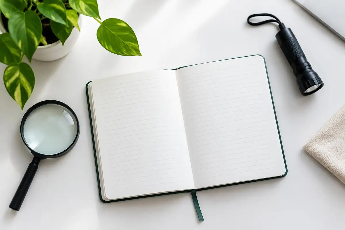 Carnet ouvert, loupe et lampe torche sur un bureau blanc, illustration des guides pratiques