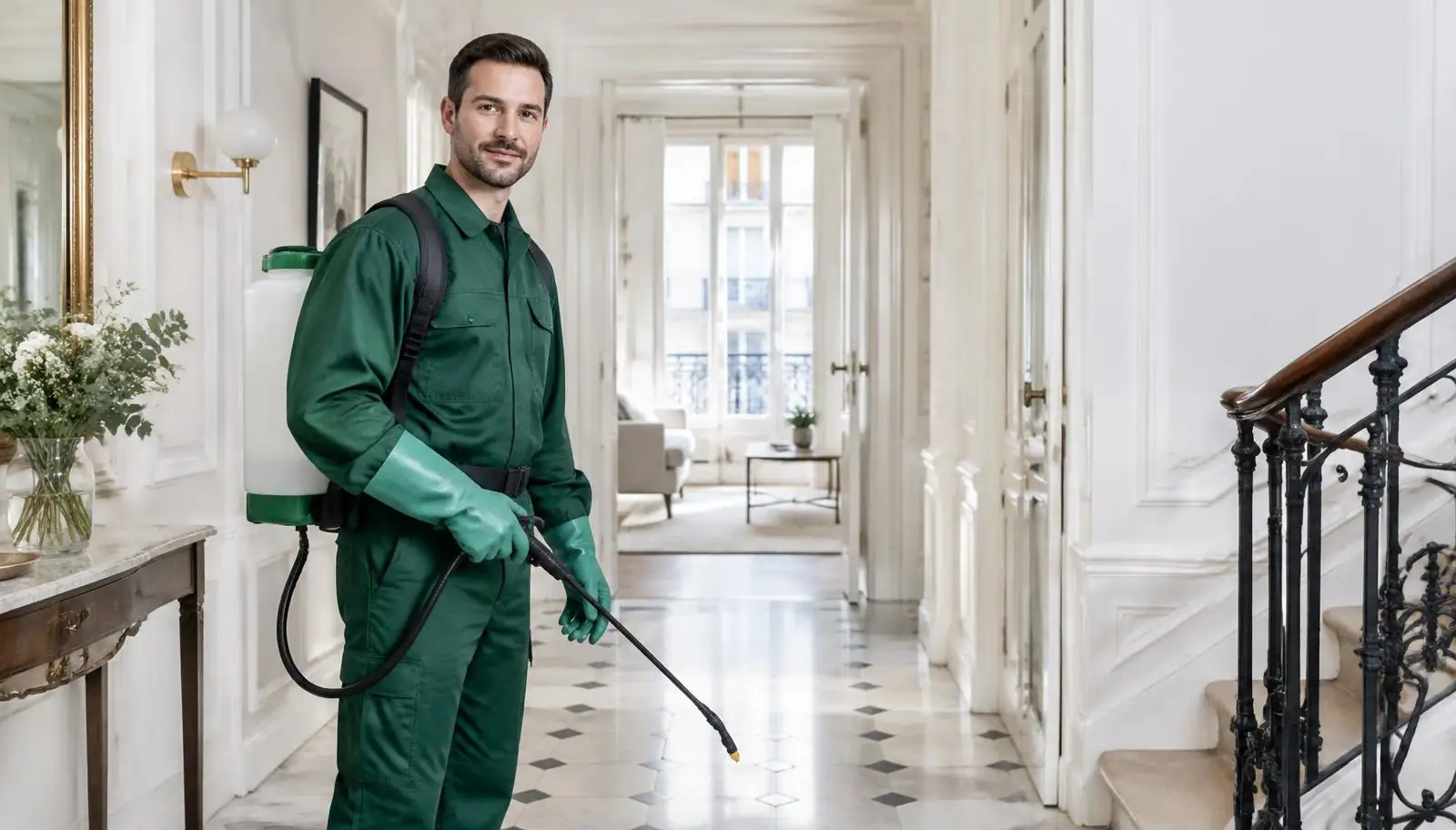 Technicien antinuisibles en tenue verte avec pulvérisateur dans le hall d’un immeuble parisien (illustration)