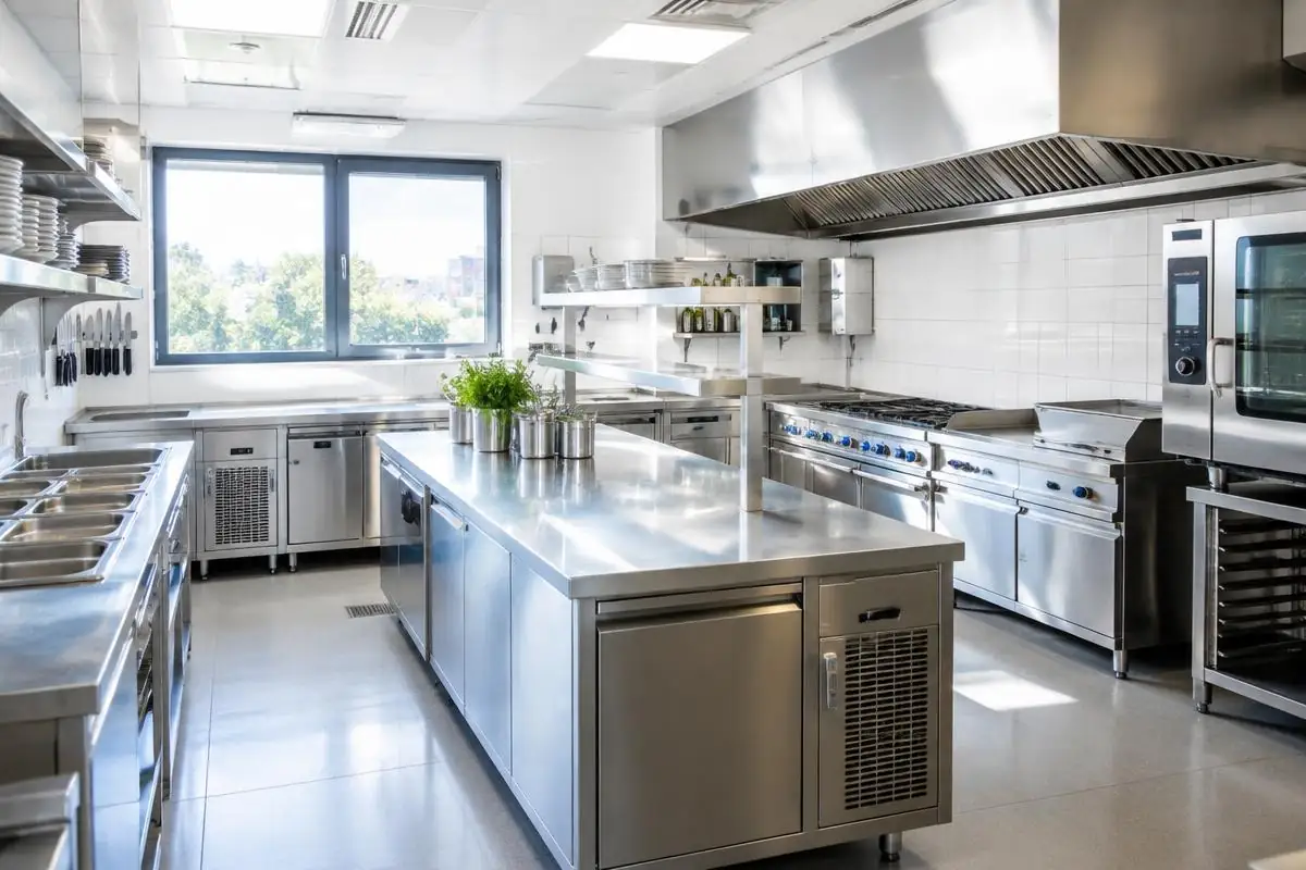 Cuisine professionnelle de restaurant propre en inox, illustration