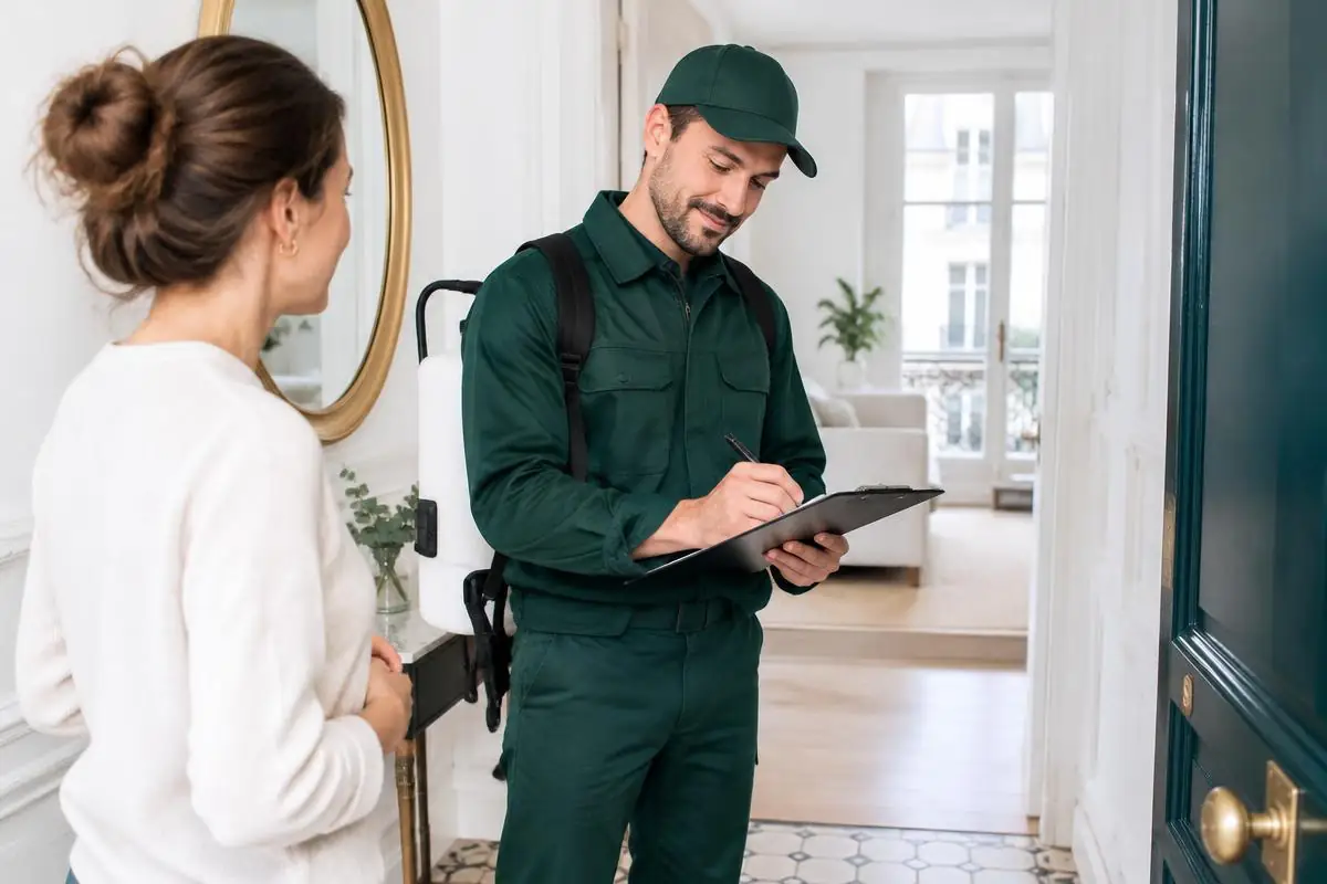 Technicien en tenue verte notant un devis sur un porte-documents avec une cliente, dans l’entrée d’un appartement (illustration)