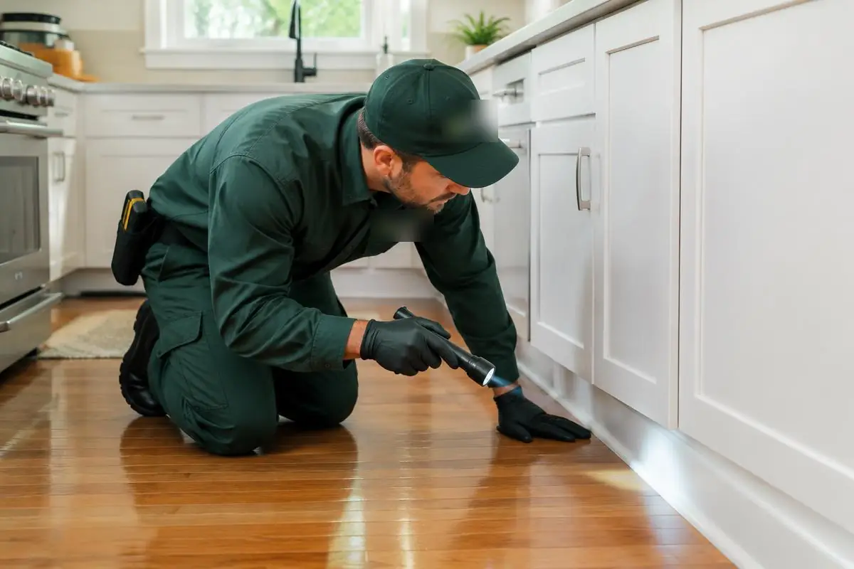 Technicien inspectant une plinthe de cuisine avec une lampe (illustration)